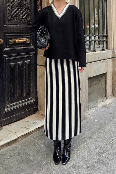 Swist Women's Midi Bottom-top Set - Black V-neck Striped Knitted Sweater and Skirt