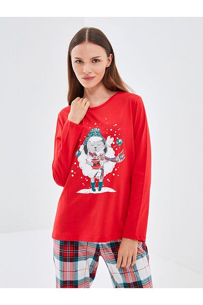 LC Waikiki Set de pijamale pentru femei LCWK cu decolteu triplu cu tematică de Crăciun