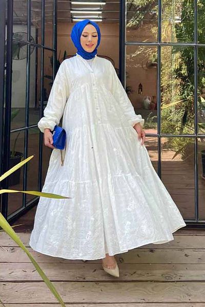 Neva Style Rochie plisată Hijab albă - 10002B