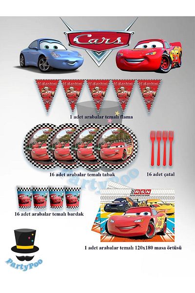 PartyPoo Cars-cars Themed Birthday Eco Party Set Σετ πάρτι γενεθλίων για 16 άτομα