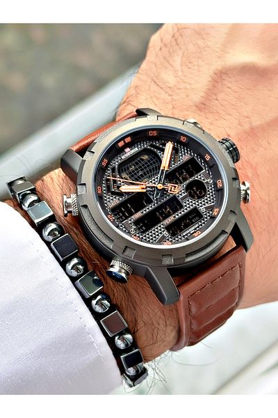 Naviforce Nf9160 Brown Leather Strap Digital Analog Erekek Wristwatch