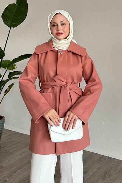 InStyle Button Detailed Lined Dusty Rose Short Coat