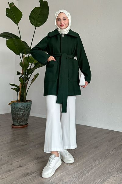 InStyle Button Detailed Lined Emerald Green Short Coat