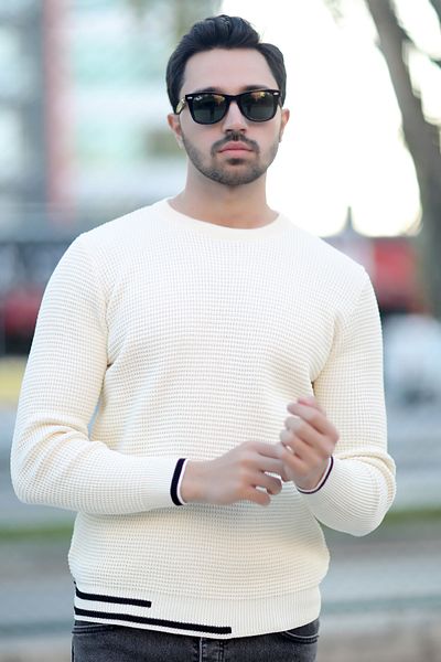JB John Borners Ecru Men's Knitwear Sweater - Crew Neck, Knitted Pattern, Rib Stripe - 2006