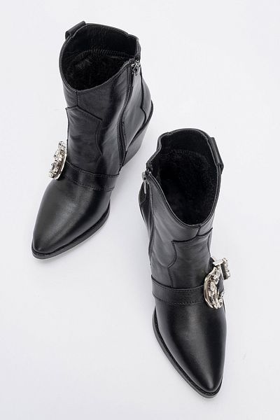 LuviShoes Γυναικείες μπότες με τακούνι ANY Black Skin Stone από γνήσιο δέρμα