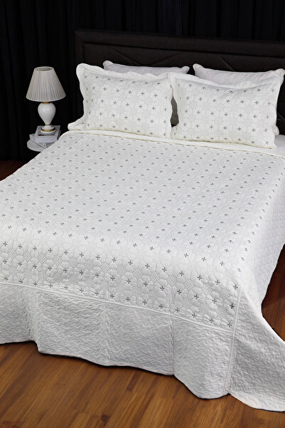 FAVORA Gonca Embroidered Quilted Double Bedspread - Silver