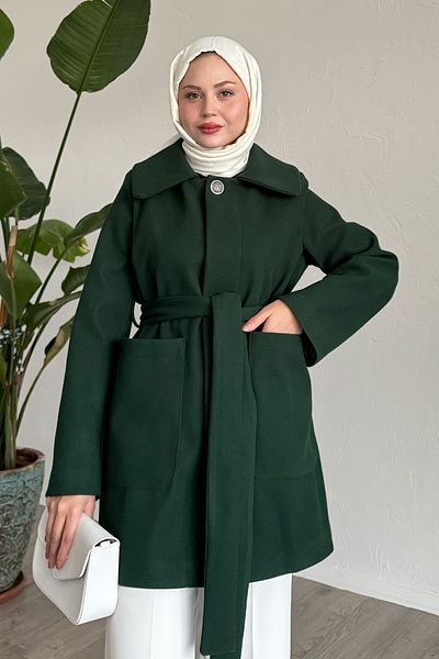 InStyle Button Detailed Lined Emerald Green Short Coat
