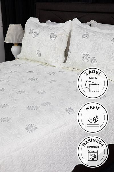FAVORA Daffodil Embroidered Quilted Double Bedspread - Silver
