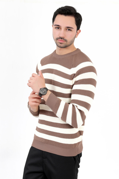 JB John Borners Ανδρικό πλεκτό πουλόβερ - Καφέ ριγέ, Σελάνικα Crew Neck, Ριμπ - 2008