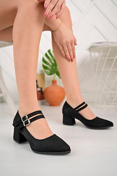 Aymood Kadın Mary Jane Balerin Siyah Süet Arkası Kapalı Çift Bant Sivri Burunlu Baretli Kısa 5cm Topuklu Ay