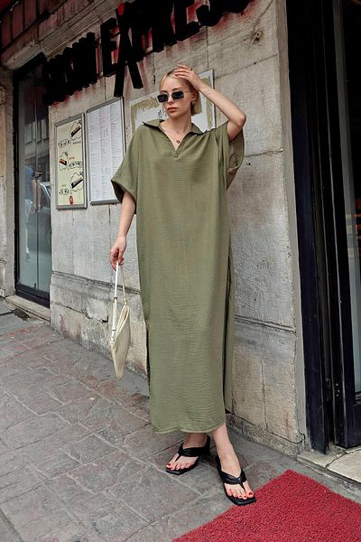 Swist Leinengemisch Khaki Rose Polokragen Locker geschlitztes Midikleid für Damen