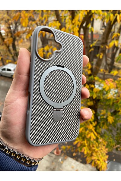 Posso Apple İphone 16 Uyumlu Kılıf Karbon Fiber İşlemeli Tasarım Metal Magsafe Stand Özellik Case