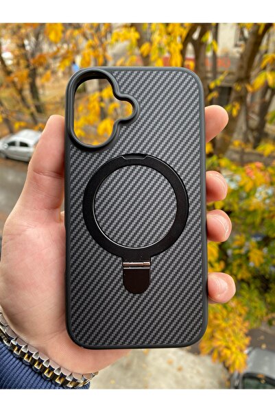 Posso Apple İphone 16 Uyumlu Kılıf Karbon Fiber İşlemeli Tasarım Metal Magsafe Stand Özellik Case