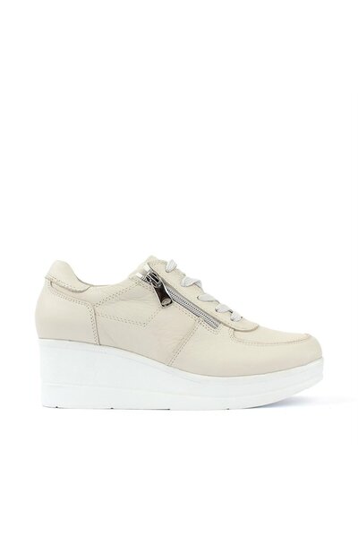 Celal Gültekin Kadın Bej Bağcıklı Fermuarlı Dolgu Topuklu Deri Ayakkabı