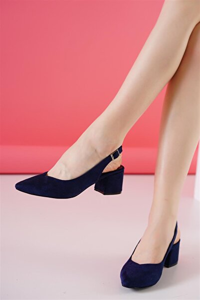 Aymood Larcivert Süet Kadın Şık Günlük Rahat Kısa Topuklu Ayakkabı Arkası Açık Topuk Boyu 5cm