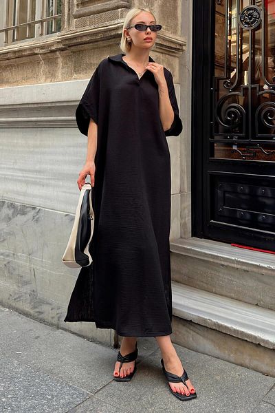 Swist Linen Blended Black Midi Dress - Rose Polo Collar, Loose Slit