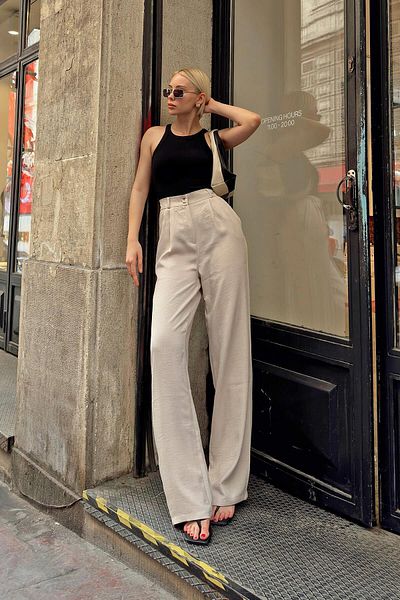 Swist Beige Aura Palazzo-Hose aus Leinen für Damen – elastischer Bund und Tasche