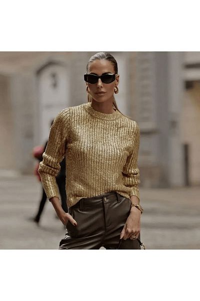 FASHION COCKTAIL Țesătură aurie - Pulover pentru invitații de noapte de birou din lycra cu gât rotund și mâneci cu nervuri