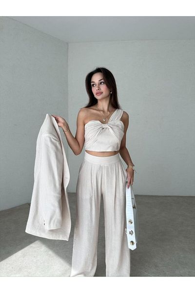 Rabia Çelik Women's Beige Bustier Pants Jacket Top and Bottom Set