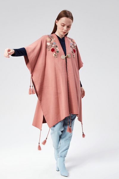 CNR TEKSTİL Embroidery Detailed Tassel Accessories Tricot Poncho