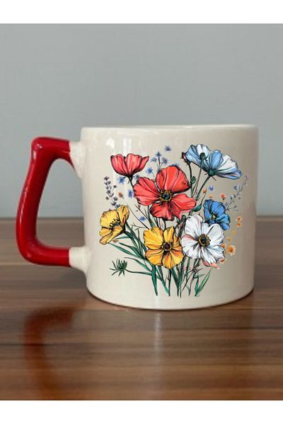lili hediyelik Colorful Flowers Printed Red Handle Mug Cup Birthday Gift