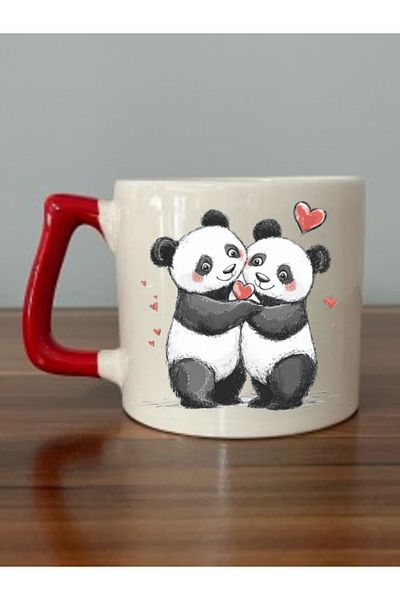 lili hediyelik Heart Pandas Printed Red Handle Mug Cup Birthday Gift - Teacup