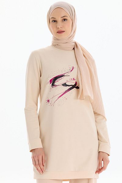 Tuğba Beige Pattern Printed Stone Sweat