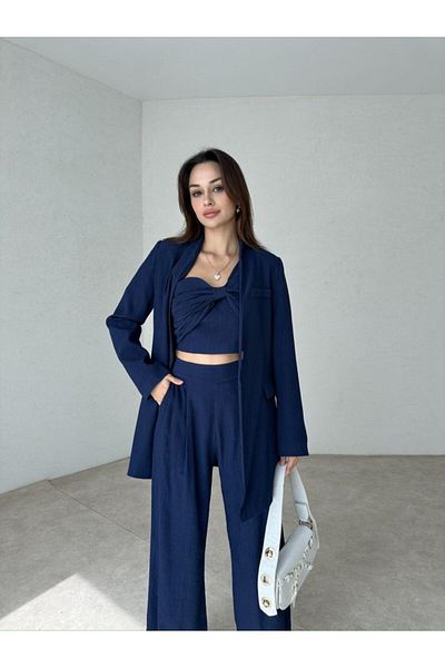 Rabia Çelik Women's Navy Blue Bustier Pants Jacket Top and Bottom Set