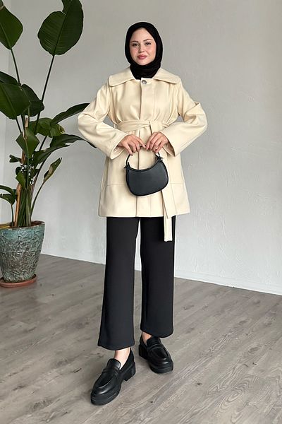 InStyle Button Detailed Lined Cream Short Coat