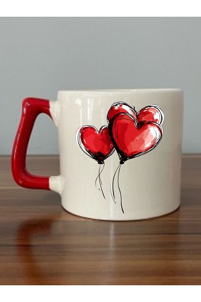 lili hediyelik Heart Shaped Balloon Printed Red Handle Mug Cup Birthday Gift - Teacup