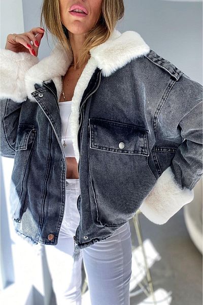 Lady Pixie Palton de damă din denim cu blană