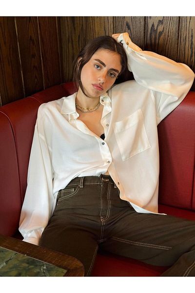 Retrobird Ecru Colored Design Boyfriend Shirt - Women