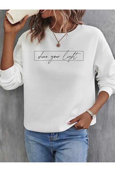 Deocept Бяла дамска суитшърт с принт „Shine Your Light“ и велосипедна яка