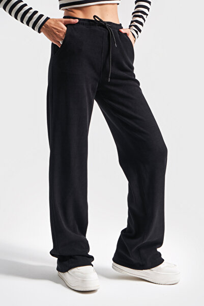 its basic Kadın Siyah Renk 1w41 İnce Fitilli Örme Esnek Kadife Kumaş Pantolon