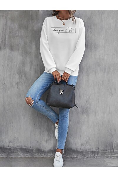 Deocept Бяла дамска суитшърт с принт „Shine Your Light“ и велосипедна яка