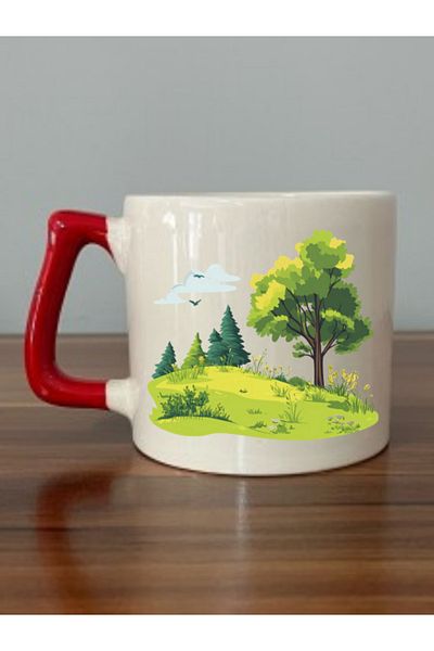 lili hediyelik Nature Scenery Printed Red Handled Mug Cup Birthday Gift