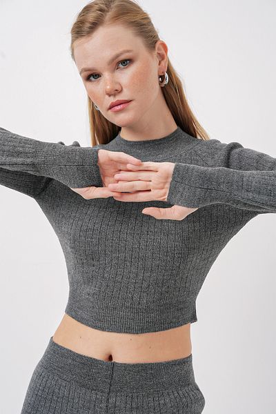 Bigdart 15905 Damen-Set aus Strickwaren, Crop-Sweatshirt und Hose – geräuchert
