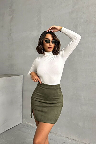 Caddebostan Moda High Waist Suede Slit Mini Skirt
