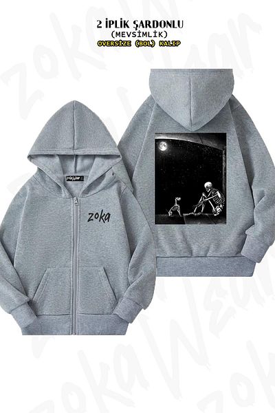 ZOKAWEAR Γκρι υπερμεγέθη ζακέτα με κουκούλα - Skeleton and Dog Back Printed, Zipper (2 νήματα)