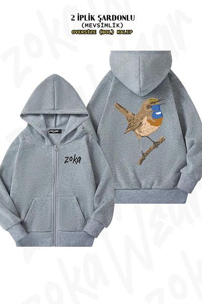 ZOKAWEAR Oversize Juniper Back Printed Zipper Hooded Grey Cardigan (2 κλωστές)