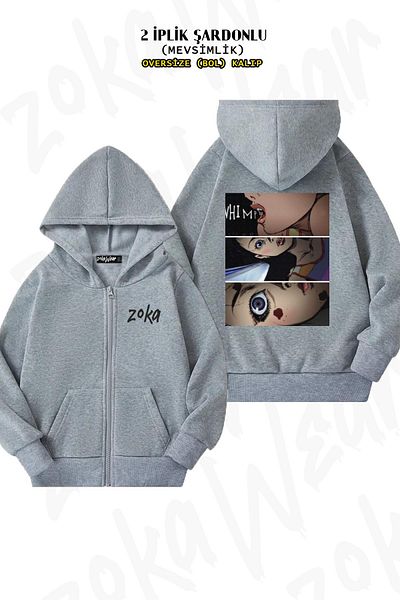 ZOKAWEAR Oversize Kill Bill Ruined Childhood Back Printed με φερμουάρ με κουκούλα γκρι ζακέτα (2 νήματα)