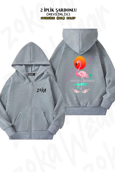 ZOKAWEAR Japano Inspired Flamingo Pattern - Zippered Hooded Gray Cardigan (2 Thread)