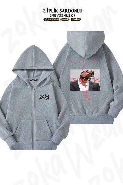 ZOKAWEAR Oversize Travis Scott, Cactus Jack, Hiphop, Rap Back Printed Zipper Hooded Grey Cardigan (2 νήματα)