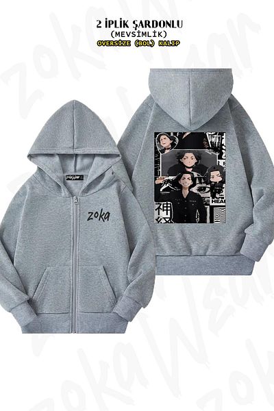 ZOKAWEAR Tokyo Revengers Keisuke Baji 3 - Back Print, Zip-Up, Hooded Gray Cardigan (2 Thread)