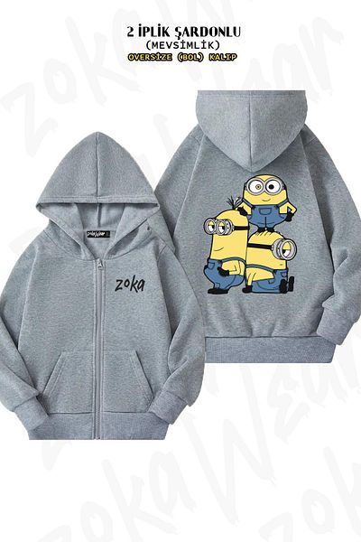 ZOKAWEAR Oversize Minions Back Printed Zipper Hooded Grey Cardigan (2 νήματα)