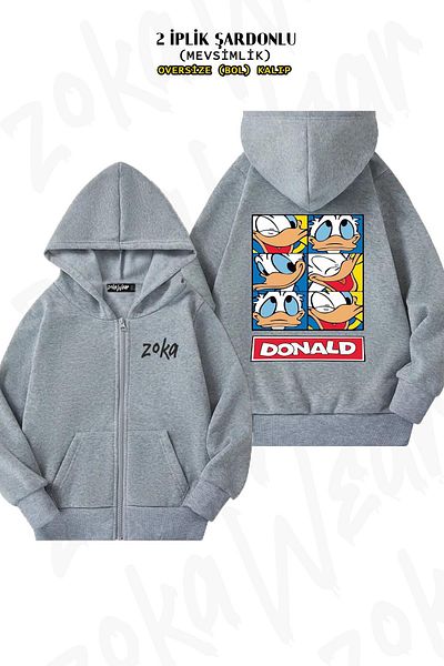 ZOKAWEAR Donald Duck Printed Oversize Gray Cardigan - Zippered Hoodie (2 Thread)