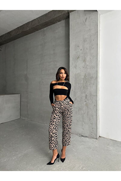 TOPSHOW S:2 / M:2 / L:1 / Xl:1= 6 Adet | Taş Siyah F1788 Leopar Desenli Pantalon F1788