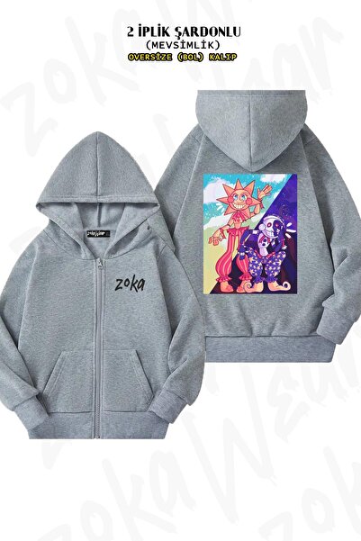 ZOKAWEAR Oversize Sundrop and Moondrop Back Printed Zippered Hooded Gray Card...