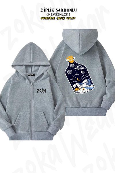 ZOKAWEAR Γκρι Oversize Space Bottle Back Printed Hooded Cardigan - 2 νήματα
