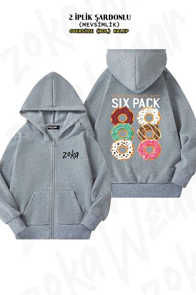 ZOKAWEAR Oversize Six Pack Illustration Drawing Back Printed Zippered Hooded Gray Cardigan (2 Thread)